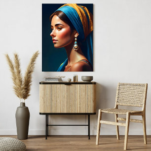 Meisjesportret in blauw en goud, klassieke stijl poster