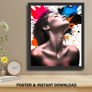 Meisjesportret in grijze elegantie en kleurexplosi poster