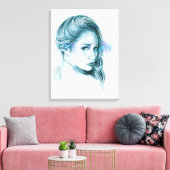 Meisjesportret potlood tekening kunst Blauw Canvas Afdruk (Insitu (Woonkamer))