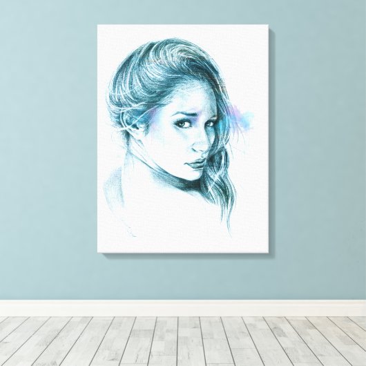 Meisjesportret potlood tekening kunst Blauw Canvas Afdruk (Insitu (Houten vloer))