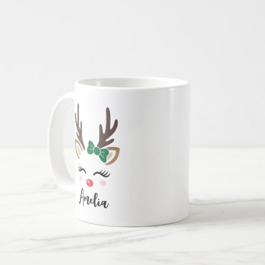 Meisjesrendiergezicht Persoonlijke kerstnaam Koffiemok (Voorkant links)