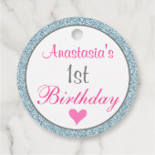 Meisjesroze en lichtblauw glitter 1e verjaardag bedankjes labels (Achterkant)