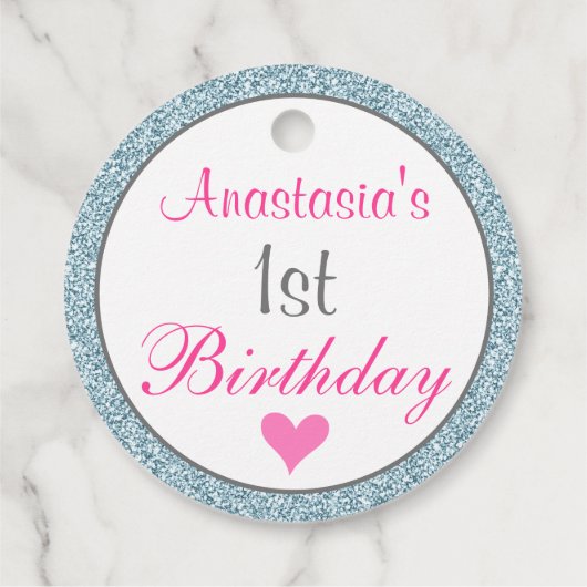 Meisjesroze en lichtblauw glitter 1e verjaardag bedankjes labels (Achterkant)
