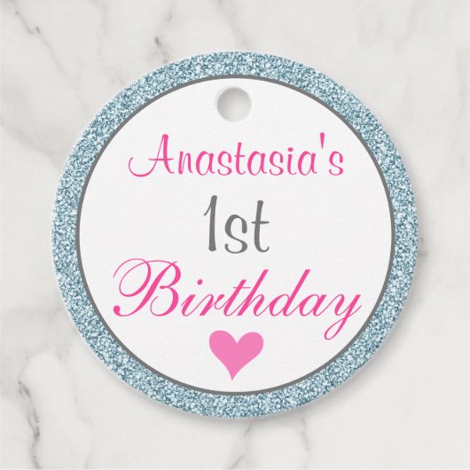 Meisjesroze en lichtblauw glitter 1e verjaardag bedankjes labels (Voorkant)