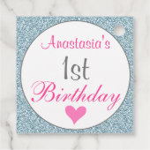 Meisjesroze en lichtblauw glitter 1e verjaardag bedankjes labels (Achterkant)