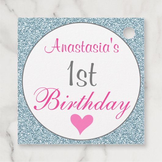 Meisjesroze en lichtblauw glitter 1e verjaardag bedankjes labels (Achterkant)