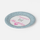 Meisjesroze en lichtblauw glitter 1e verjaardag papieren bordje (Gekanteld)