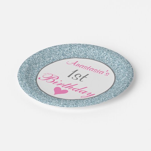 Meisjesroze en lichtblauw glitter 1e verjaardag papieren bordje (Gekanteld)