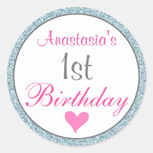 Meisjesroze en lichtblauw glitter 1e verjaardag ronde sticker (Voorkant)