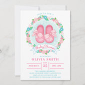 Meisjesschoenen Baby Shower Met Strik En Bloemen Kaart (Voorkant)