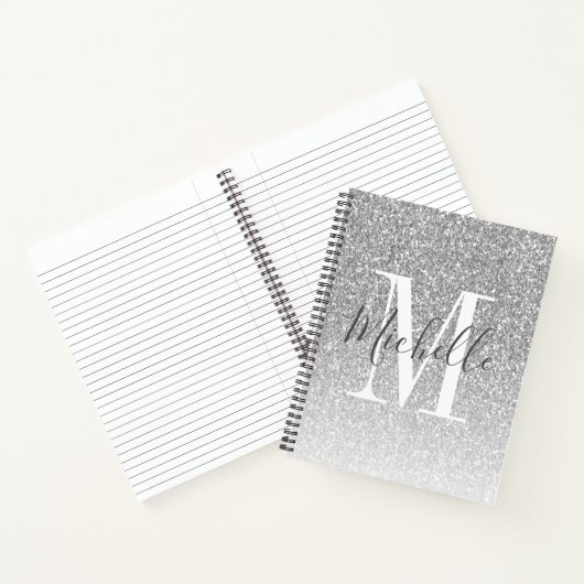 MeisjesScript Silver Glitter Monogram Naam Notitieboek (Binnen)