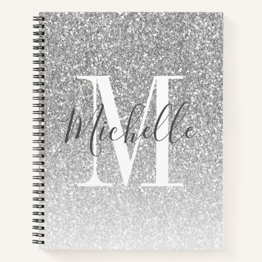 MeisjesScript Silver Glitter Monogram Naam Notitieboek (Voorkant)