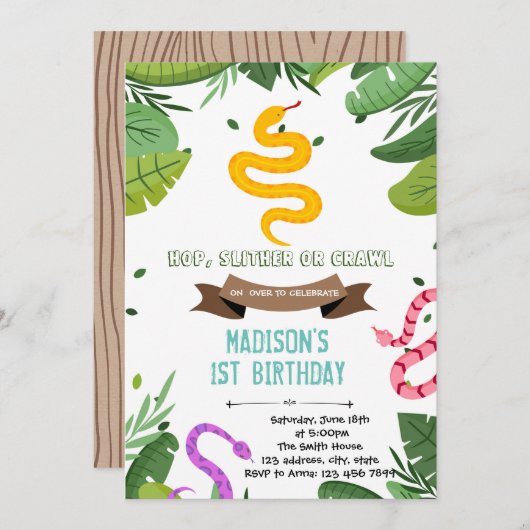 Meisjesslang reptieluitnodiging kaart (Voorkant / Achterkant)