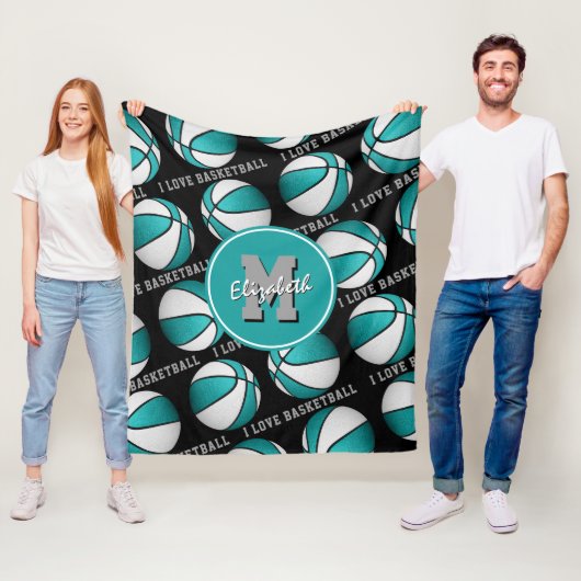 meisjessport Ik hou van basketbal, blauwgroen wit Fleece Deken (In situ)