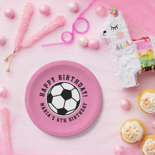 Meisjessport voetbal Birthday aangepaste roze pap Papieren Bordje (Feest)