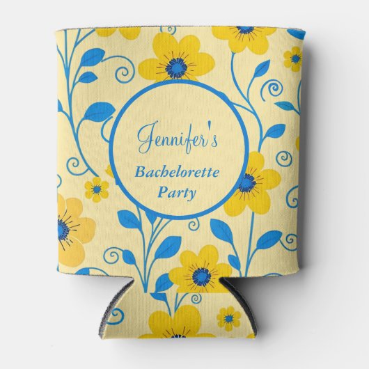 Meisjesuitstap - Botergeel en Blauw Bloemmotief- Blikjeskoeler (Voorkant)