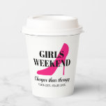 Meisjesweekendfeest met vrijgezellenfeest papieren bekers<br><div class="desc">Meisjes weekendbachelorette vrijgezellenfeest feestjes met deksel. Cute neon roze hoge hiel stiletto shoe design met elegante tekst. Voeg je eigen persoonlijke naam of locatie toe. Fun ontwerp voor bridenentourage,  bemanning,  team,  stam enz. Druk deze sjabloon af op een ander Zazzle-product. Aangepaste koffiebekers voor warme en koude drinken.</div>