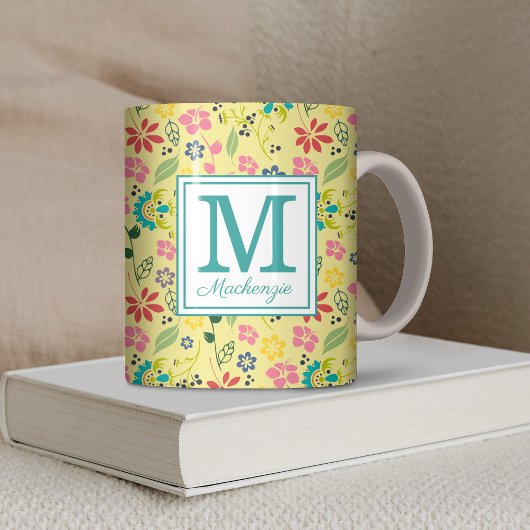 Meiskleurig Boho Spring Flowers Monogram Koffiemok