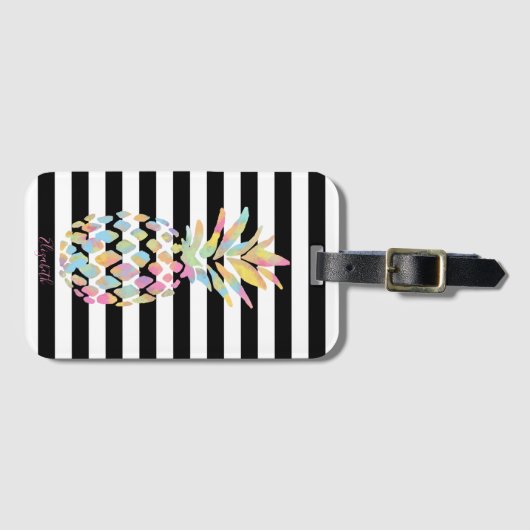 Meiskleurige anananas, zwarte witte strepen bagagelabel (Voorkant (horizontaal))