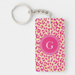 Meiskleurige roze cheetah-gedrukte monogram sleutelhanger