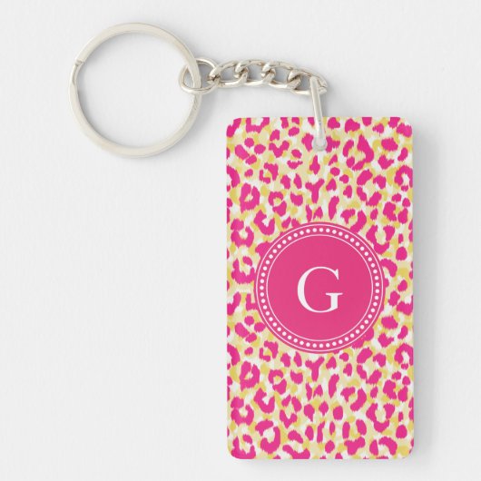 Meiskleurige roze cheetah-gedrukte monogram sleutelhanger (Voorkant)