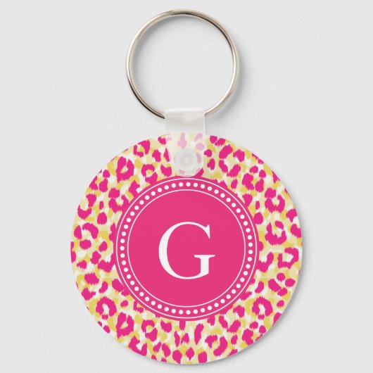 Meiskleurige roze cheetah-gedrukte monogram sleutelhanger (Voorkant)