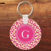 Meiskleurige roze cheetah-gedrukte monogram sleutelhanger (Voorkant)