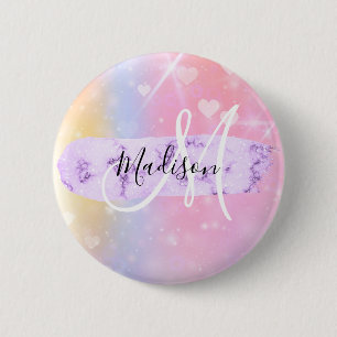 Meiskleurige Unicorn Rainbow Hearts Monogram Ronde Button 5,7 Cm
