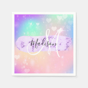 Meiskleurige Unicorn Rainbow Hearts Monogram Servet