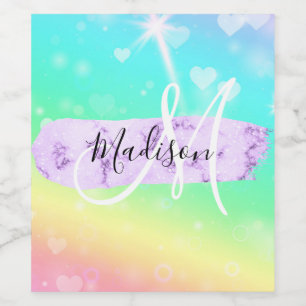 Meiskleurige Unicorn Rainbow Hearts Monogram Wijn Etiket