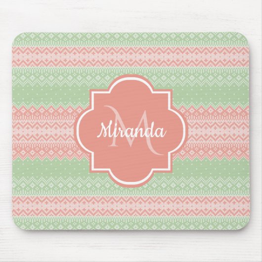 Meislicht-groene nit koraalroze strepen en naam muismat (Voorkant)