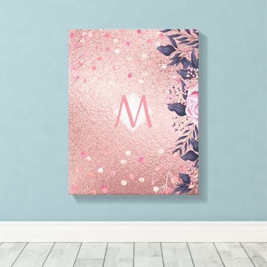 Meislust Ever ROSEGOLD Blue Pink Floral MONOGRAM Canvas Afdruk (Insitu (Houten vloer))