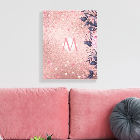Meislust Ever ROSEGOLD Blue Pink Floral MONOGRAM Canvas Afdruk (Insitu (Woonkamer))