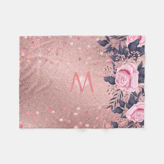 Meislust Ever ROSEGOLD Blue Pink Floral MONOGRAM Fleece Deken (Voorkant (Horizontaal))