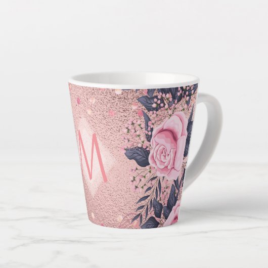 Meislust Ever ROSEGOLD Blue Pink Floral MONOGRAM Latte Mok (Rechterhoek)