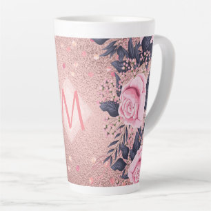 Meislust Ever ROSEGOLD Blue Pink Floral MONOGRAM Latte Mok