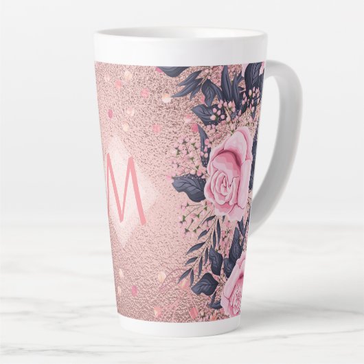 Meislust Ever ROSEGOLD Blue Pink Floral MONOGRAM Latte Mok (Rechterhoek)