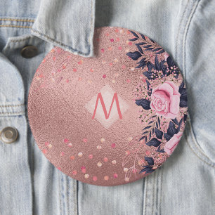 Meislust Ever ROSEGOLD Blue Pink Floral MONOGRAM Ronde Button 6,0 Cm
