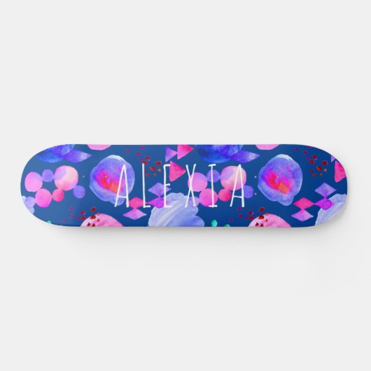 Meismoderne abstracte waterverf jouw naam persoonlijk skateboard (Horizontaal)