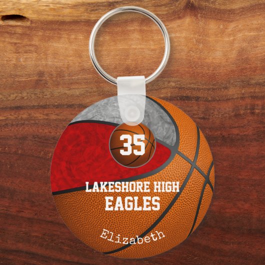 Meisrood grijs schoolteam kleuren basketbal sleutelhanger (Voorkant)