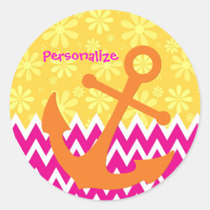 Meisroze Chevrons Oranje Anchor met naam Ronde Sticker