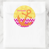 Meisroze Chevrons Oranje Anchor met naam Ronde Sticker (Tas)