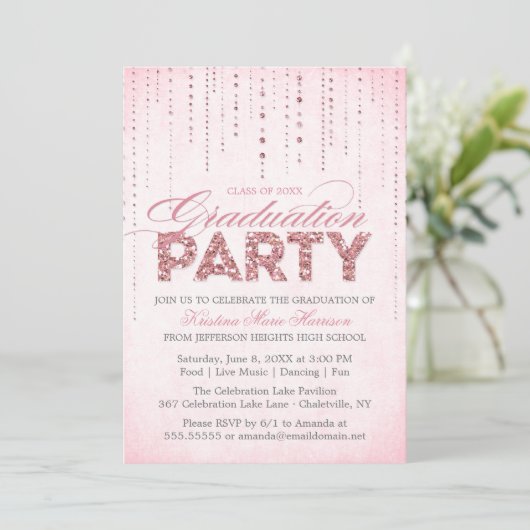 Meisroze Chic Glitter Pareltjes Graduation Party Kaart (Staand voorkant)