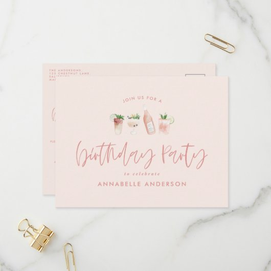Meisroze cocktail, stijlvol verjaardagsfeest uitnodiging briefkaart (Voorkant / Achterkant in situ)