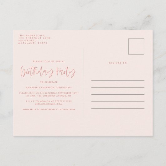 Meisroze cocktail, stijlvol verjaardagsfeest uitnodiging briefkaart (Achterkant)