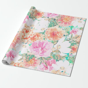 Meisroze en Oranje bloemen Waterverf Verf  Cadeaupapier