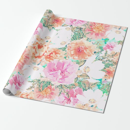 Meisroze en Oranje bloemen Waterverf Verf Cadeaupapier (Uitgerold)