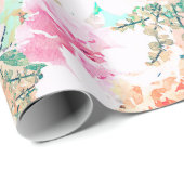 Meisroze en Oranje bloemen Waterverf Verf Cadeaupapier (Rol Hoek)