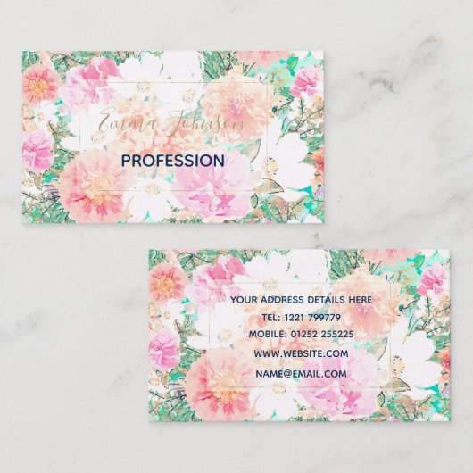 Meisroze en Oranje bloemen Waterverf Verf  Visitekaartje (Voorkant / Achterkant)