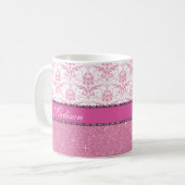 Meisroze en witte Damask, roze glitter Name Koffiemok (Voorkant links)
